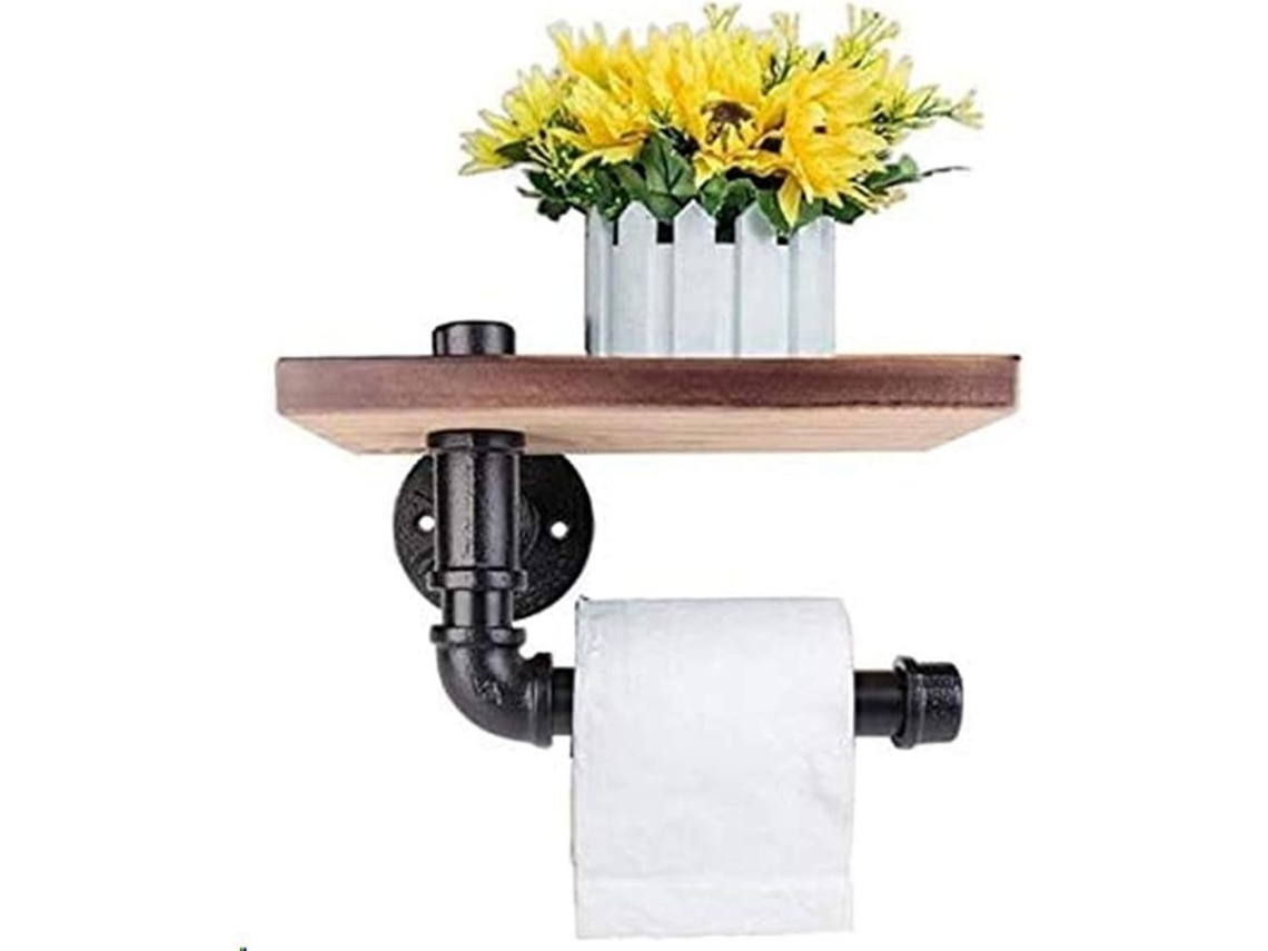 Portarrollos De Papel Higiénico Con Estante De Madera - Estilo Industrial - Acero - Decoración De Baño