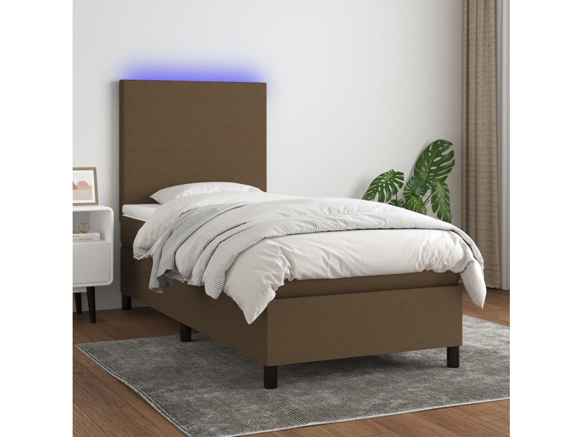 Cama Box Spring Colchón Y Luces Led Tela Marrón Oscuro 90x190cm