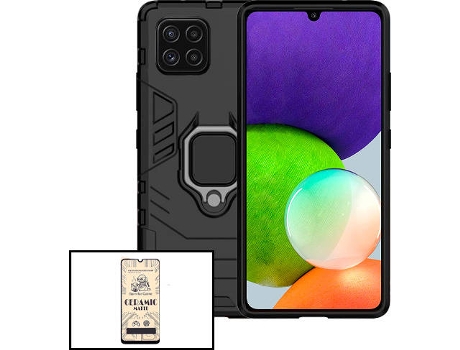 Kit Cristal Templado CeramicGlass Full Cover y Funda 3x1 Miltary Defender Samsung Galaxy M22 PHONECARE Negro
