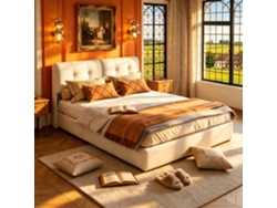Cama De 140 X 200 Con Cajón, Para Adultos Con Sistema Hidráulico Y Luces Led, Cabecero Respaldo Acolchado De Terciopelo, Color Beige, Sin Colchón, Mdf