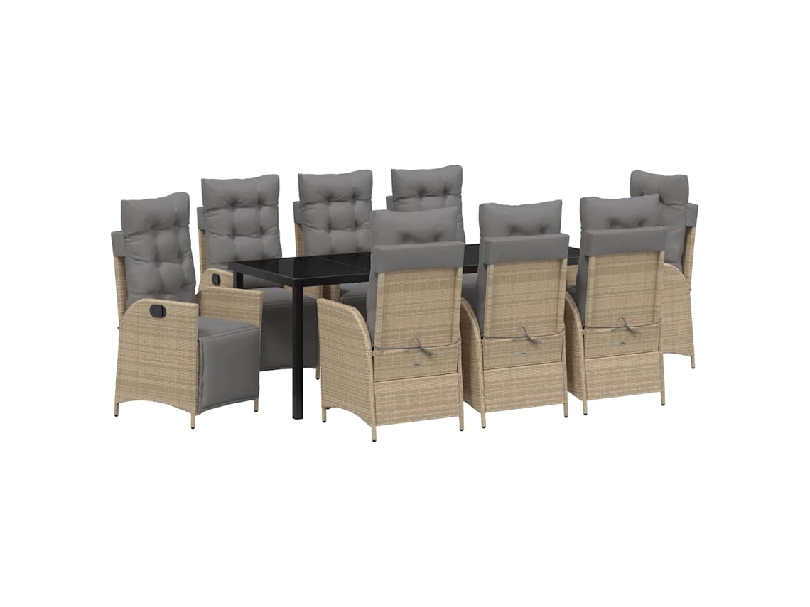Conjunto de comedor de jardín con cojines, 9 piezas, mimbre beige, PE MAISON EXCLUSIVE