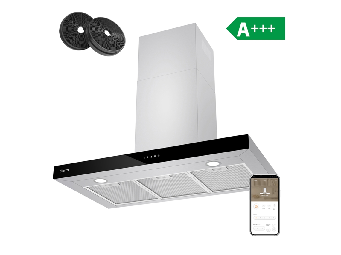 Campana De Pared Ciarra 90cm 650m³/h Función Boost Control Táctil/app Recirculación Con Filtros De Carbón (2 Piezas) Inox Cbcs9102