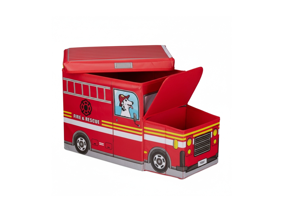 Caixa De Assento Relaxdays Para Crianças, Com Tampa, Dobrável, Carro De Bombeiros, 50 L, Vermelho.