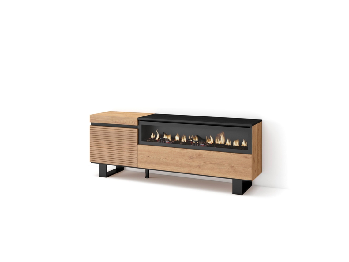 Mueble TV Televisión, 150x57x35cm, Para TV hasta 65, Chimenea eléctrica, Diseño industrial, Roble SKRAUT HOME