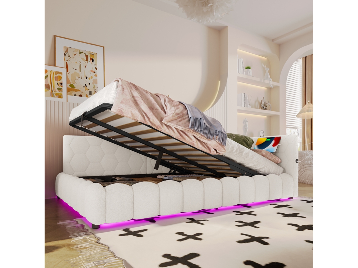 Sofá Cama, Sofá Cama De 140x200cm, Sofá Cama, Cama Con Somier (sin Colchón), Con Led, Con Mecanismo De Elevación Hidráulico, Blanco