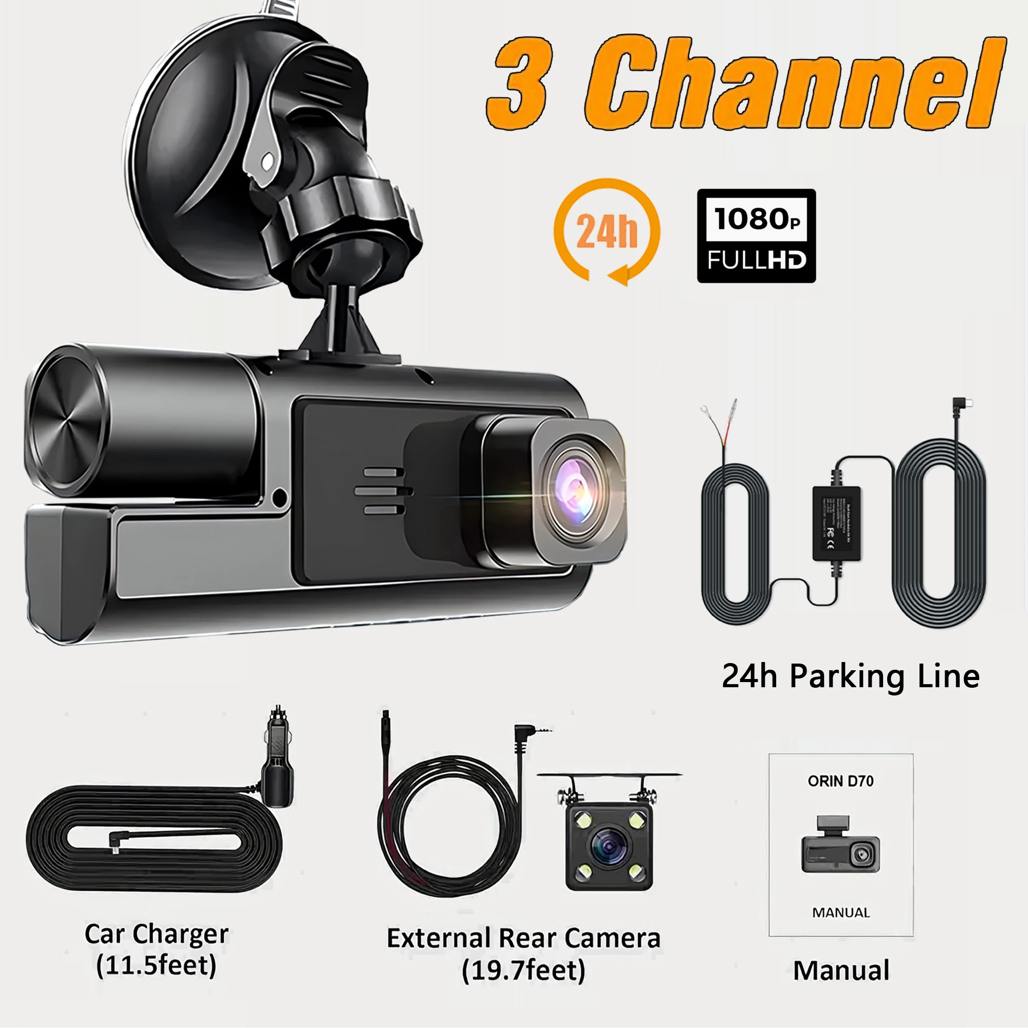 (tarjeta Sd De 64 Gb, 3 Lentes, Kit Cableado) Dvr Para Automóvil 1080p, Visión Nocturna, Grabadora De Estacionamiento Las 24 Horas