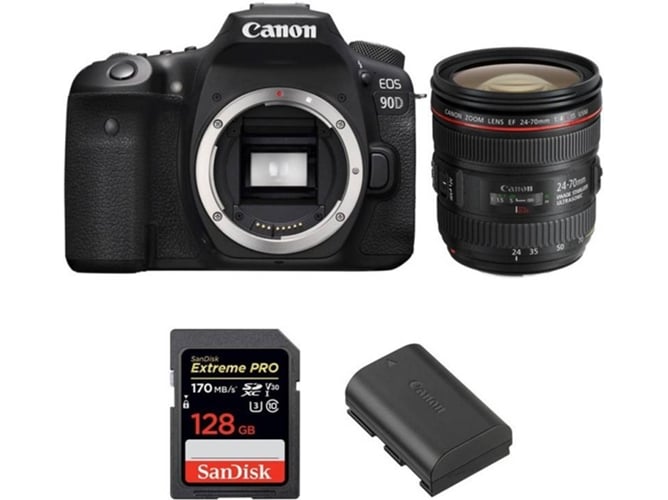 Kit Cámara Réflex CANON EOS 90D + EF 24-70mm f/4L IS USM + SanDisk 128GB + LP-E6N