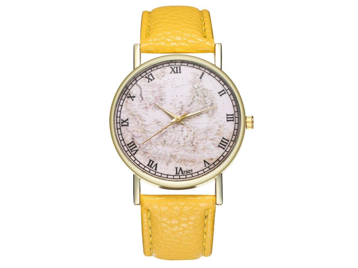 Reloj De Pulsera Unisex De Cuarzo, Sencillo Y Moderno, Con Correa De Piel Sintética Amarilla.
