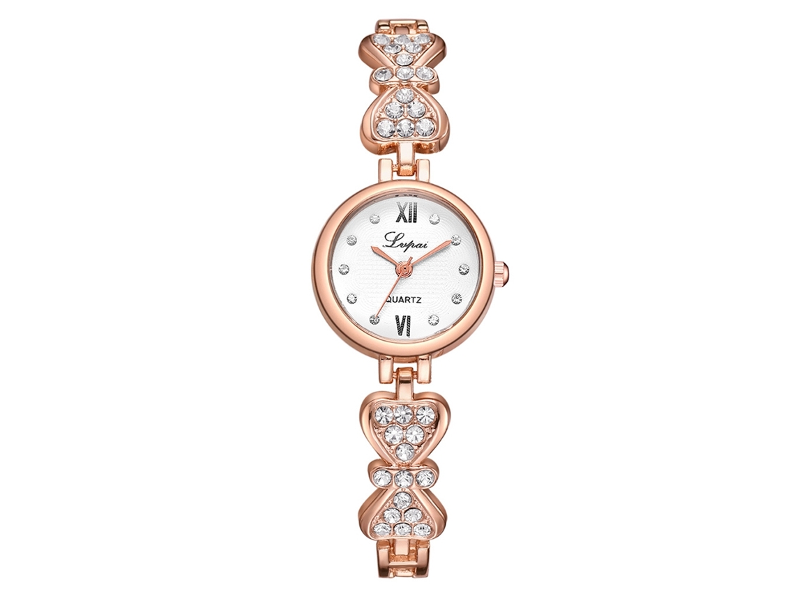 Reloj De Pulsera De Aleación Para Mujer Con Diamantes De Imitación, Esfera Redonda, Oro Rosa, Movimiento De Cuarzo Blanco.