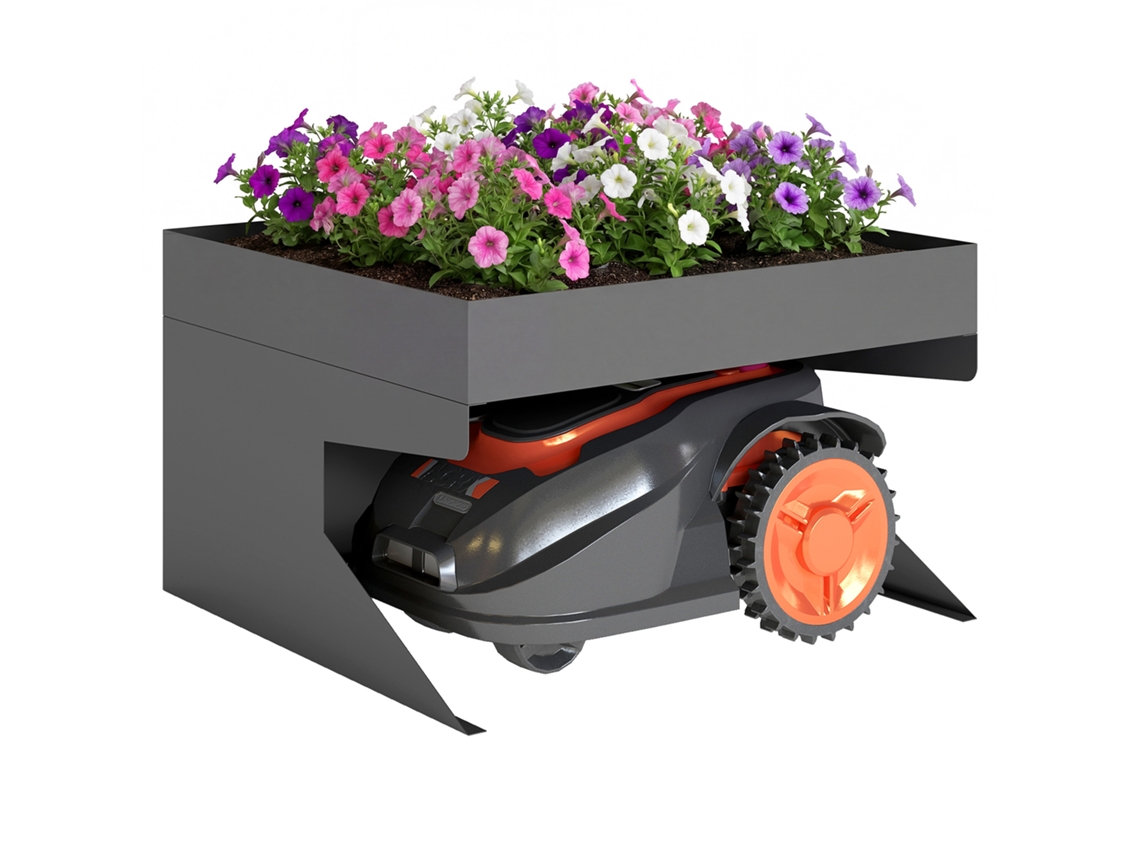 Garaje para cortacésped robótico, acero galvanizado, jardinera, protección exterior negra.