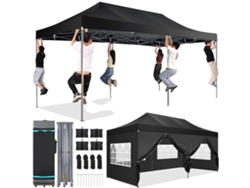 Cenador plegable con panel lateral, diseño impermeable, altura ajustable, estructura duradera, color negro.