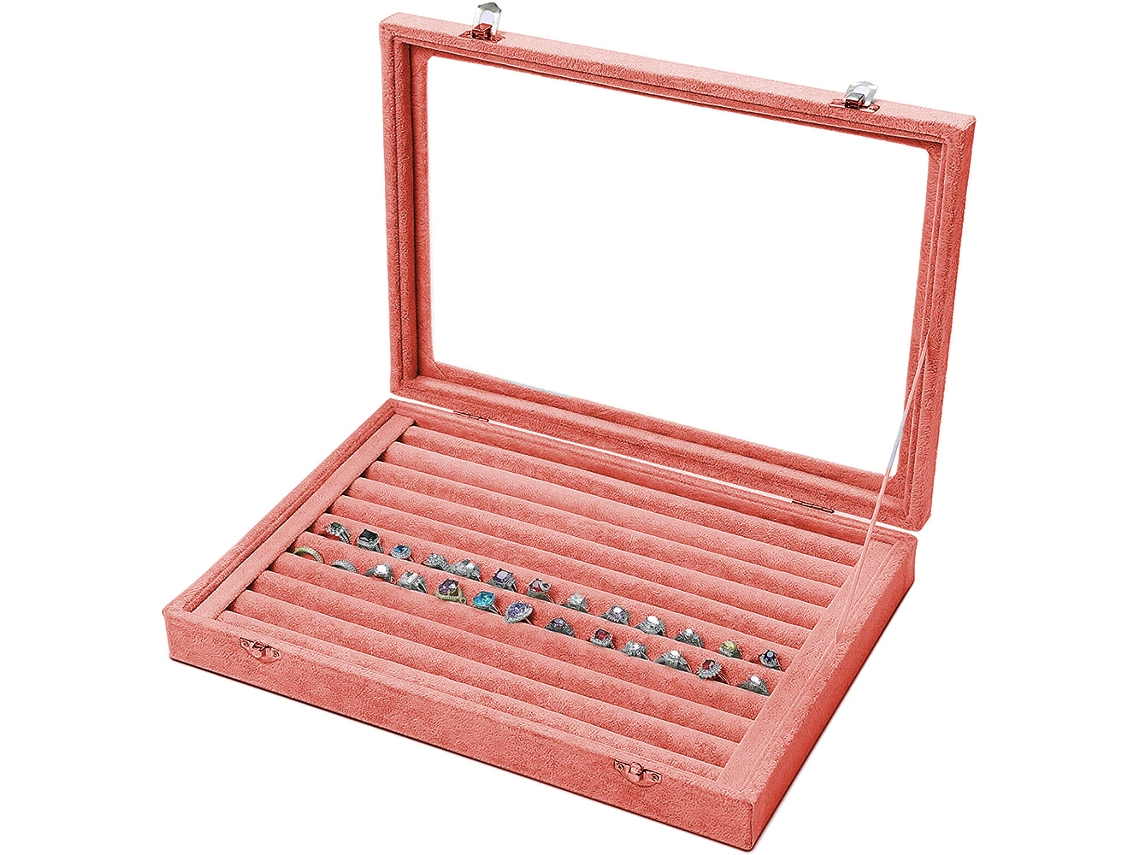 Caja de Joyas para Anillos con Forro de Terciopelo y Vidrio Rosa (29x20x5cm) Kofihety