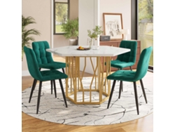 Juego de mesa y sillas de 5 piezas, mesa hexagonal moderna de mármol, 4 sillas de terciopelo verde, patas doradas, Mobrio