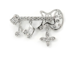 Broche De Guitarra Con Cristales Diamante Plateado Rodio Y Charmes Musicales 45mm