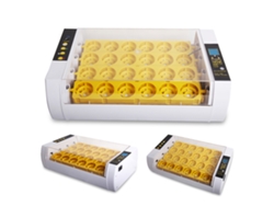 Incubadora para 24 huevos con volteo automático y control de humedad.