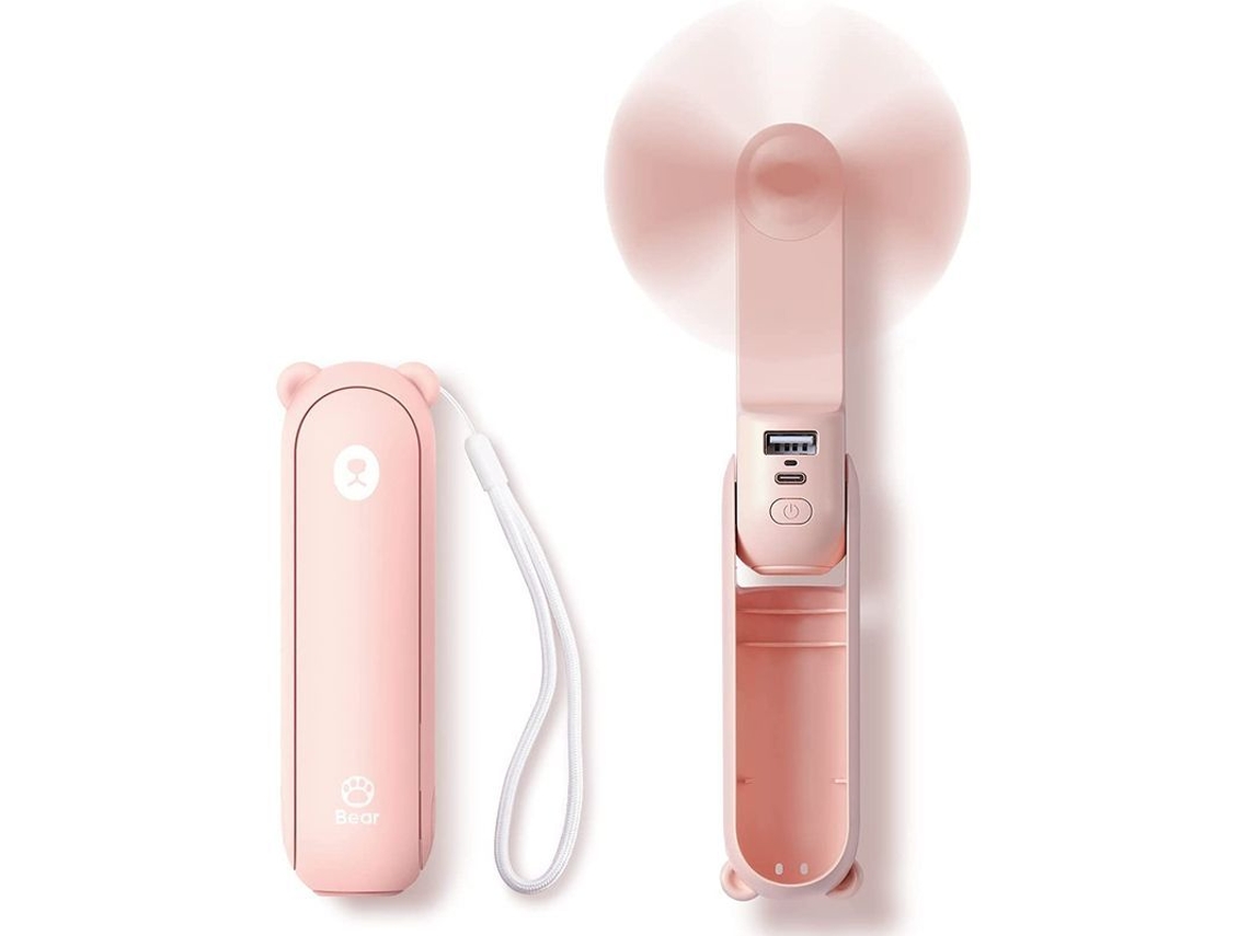 Mini Ventilador Portátil 3 En 1, Recargable Con Función De Batería Externa Y Linterna - Rosa