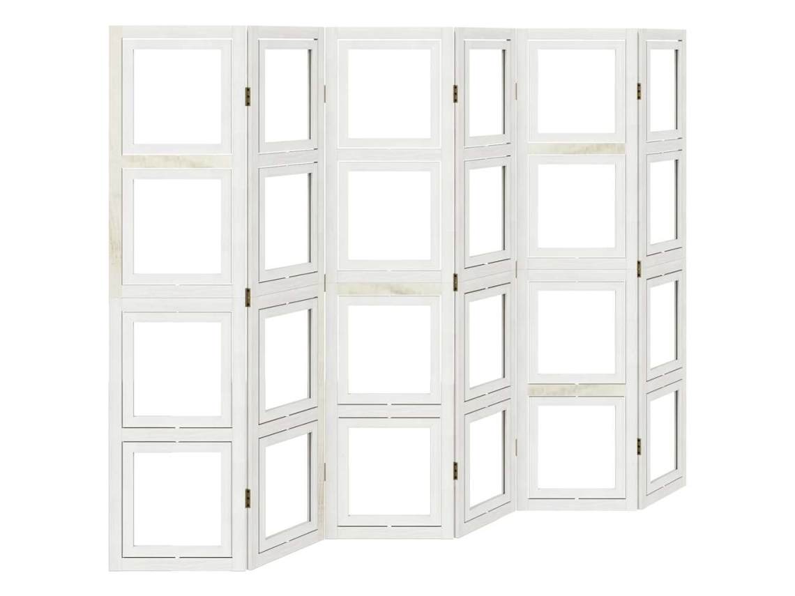 Biombo separador de ambientes, 6 paneles en madera de paulownia blanca con puerta para fotos Dec031060