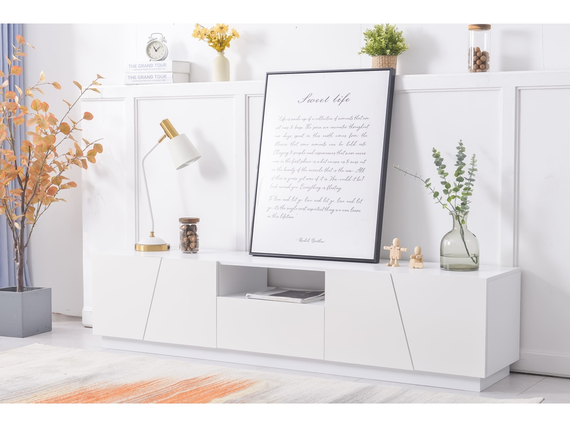Mueble TV Escandinavo 170 cm en MDF 2 Puertas 1 Cajón 1 Compartimento Estilo Contemporáneo Blanco