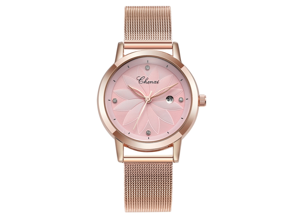 Reloj De Pulsera De Moda Para Mujer Con Correa De Malla Con Pedrería, Resistente Al Agua Hasta 30 M, Cuarzo Rosa.