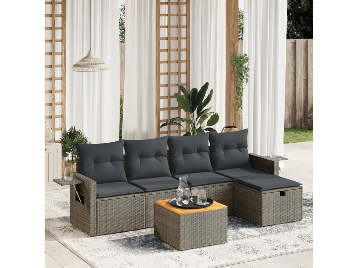 Conjunto de sofá de jardín de 6 piezas con cojines de mimbre gris, Dkd Home Decor