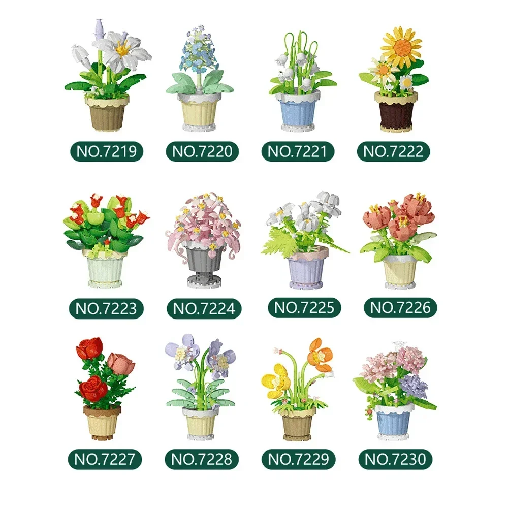 (12 Flores) Juguete De Construcción En Miniatura Con Macetas De Flores Y Exquisitos Detalles Florales.