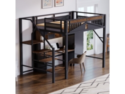 Cama Alta Metálica De 140x200 Cm Con Diseño De Casa Y Ventanas, Escalera De Seguridad, Amplio Espacio De Almacenamiento, Color Negro.