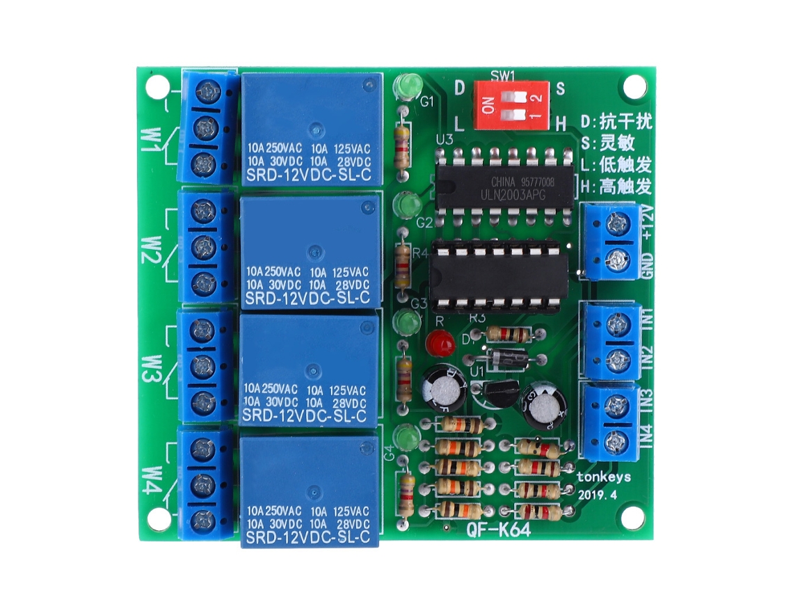 Módulo De Relés K64 A-12v De 4 Canales Con Activación Por Nivel Alto/bajo, Sensibilidad Ajustable Y Autobloqueo.