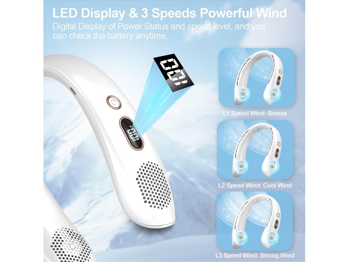 Ventilador de cuello portátil sin aspas, batería de 3000 mAh, recargable por USB, pantalla LED, refrigeración de 360°, 3 velocidades, USHION