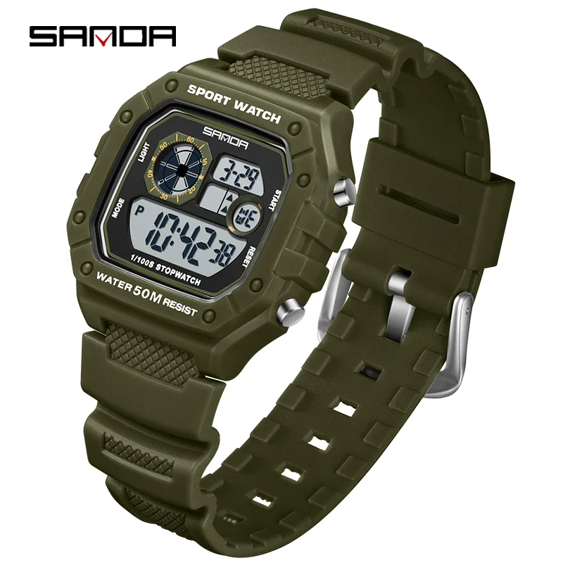Reloj Electrónico Clásico Cuadrado Cuadrado Multifuncional E Impermeable Con Pantalla Led (verde) Para Deportes.