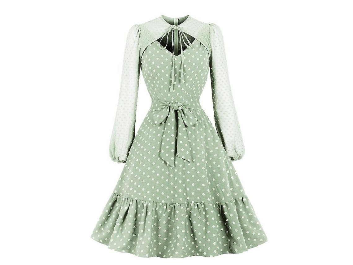 2026-vestido Vintage De Mujer Con Puntos, Manga Larga, Encaje Y Volantes, Estilo Casual A-line