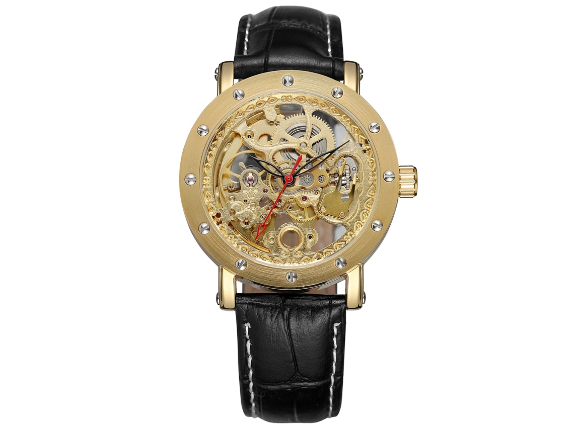 Reloj De Pulsera Mecánico Para Hombre Con Esfera Calada, Caja Dorada, Correa De Piel Sintética, Resistente Al Agua.