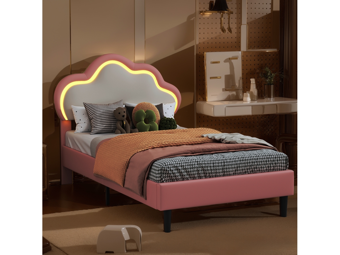 Cama Tapizada 90x200 Cm Con Led, Somier De Láminas, Cabecero Ajustable En Altura, Cama Infantil Pu Rosa