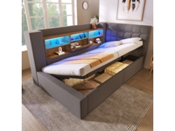 Cama Individual 90x200 - Led, Almacenamiento Hidráulico, Cabecero L, Montable Ambos Lados - Gris