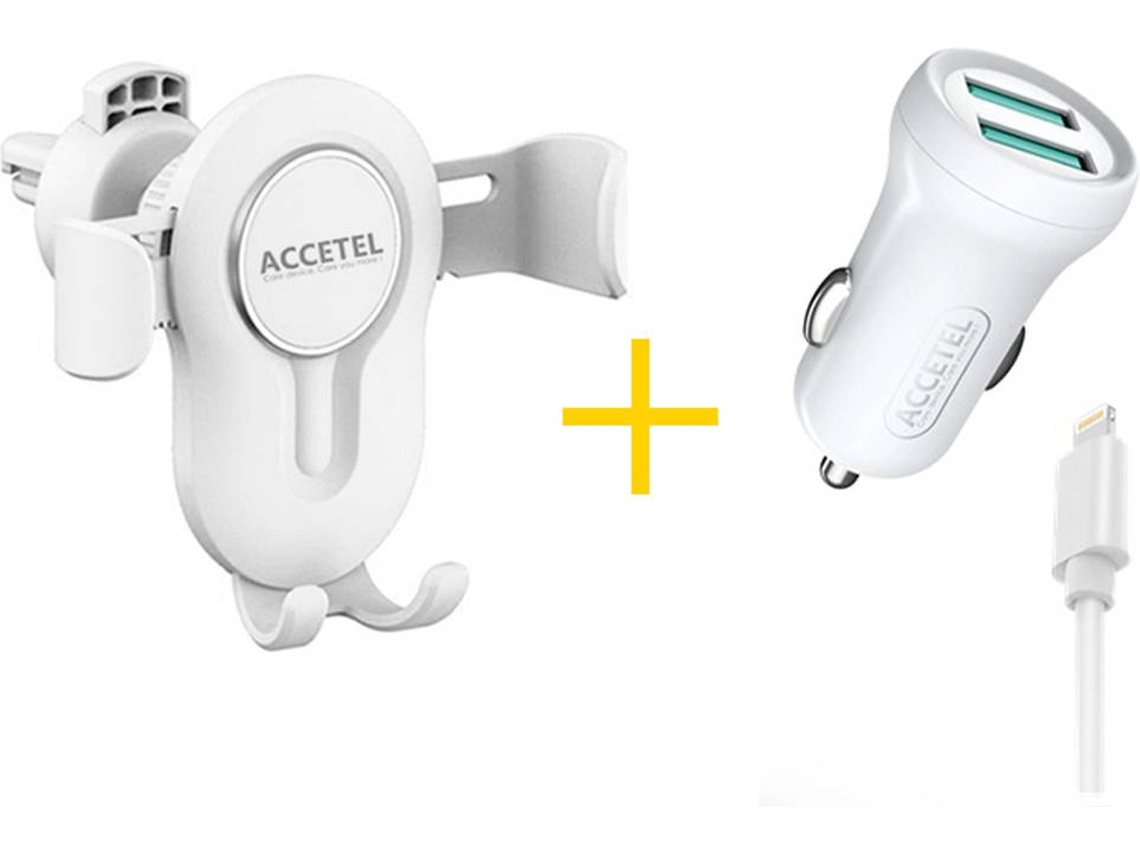 Kit Cargador Auto para iPhone 12 ACCETEL SP118 (2.4A - Lightning - Blanco)