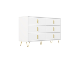 Aparador 120x40x77 cm con 6 cajones, tiradores dorados, Mobrio blanco
