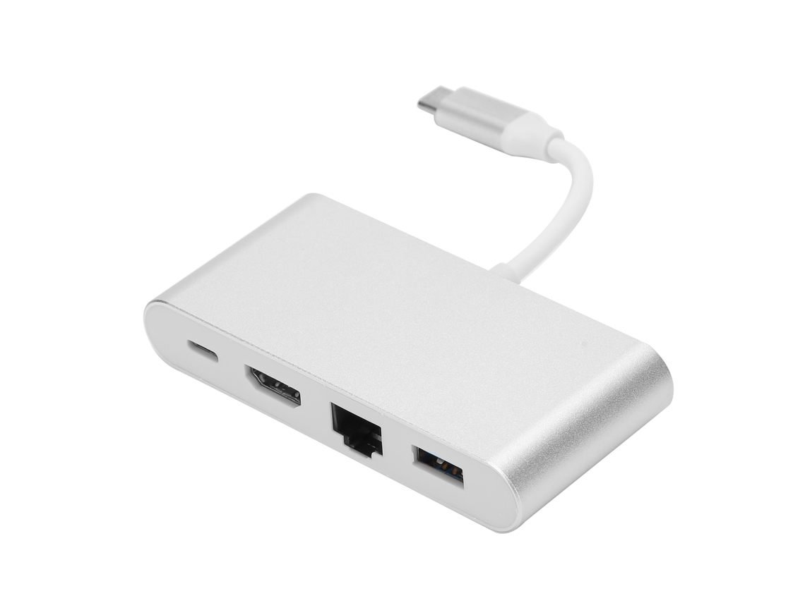 Concentrador Usb-c 4 En 1 Con Puerto Usb 3.0, Hdmi Pd Y Puerto Ethernet Rj45 De 100 Mbps.