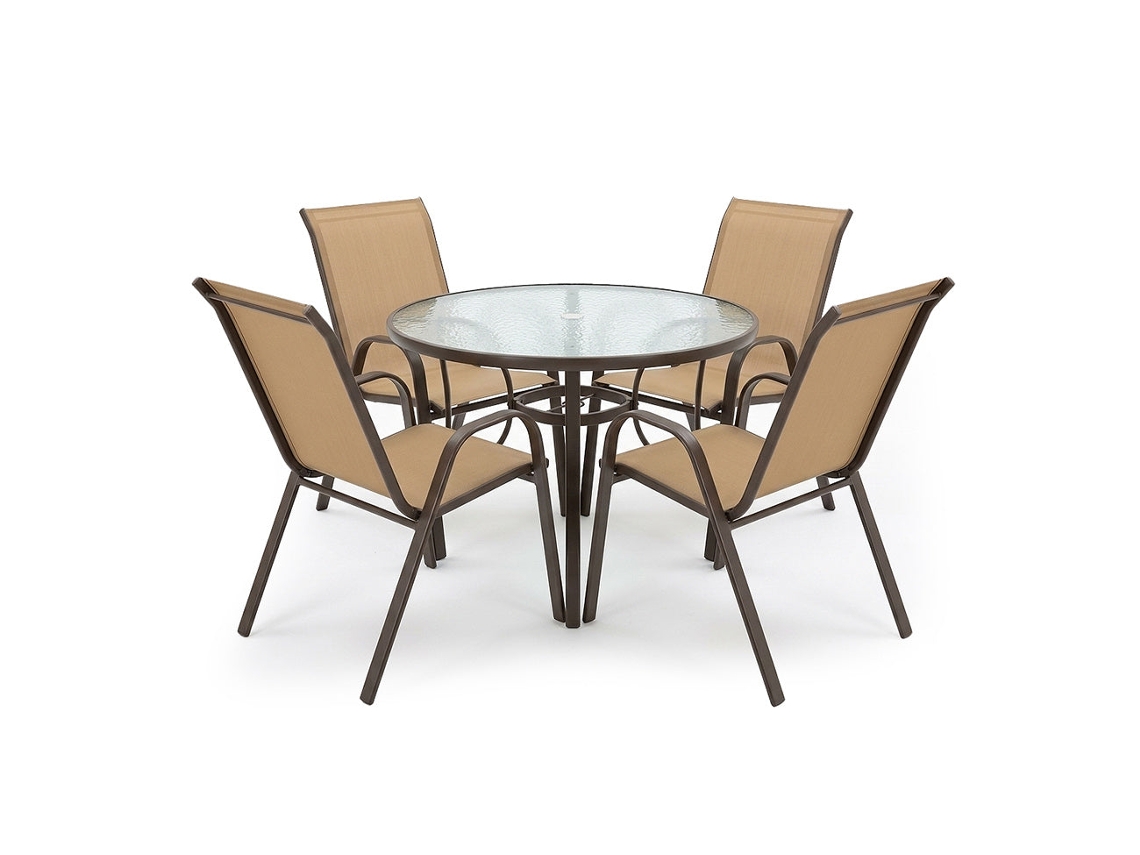 Mesa Redonda De Cristal Templado + 4 Sillas. Muebles De Jardin Y Terraza, Marron