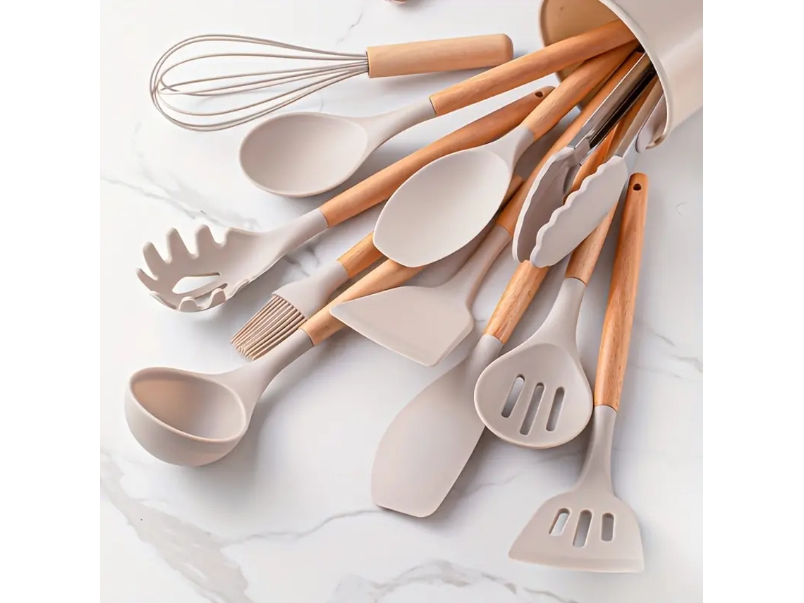 (caqui) Juego De Utensilios De Cocina De Silicona Resistente Al Calor (12 Piezas), Con Mangos De Madera.