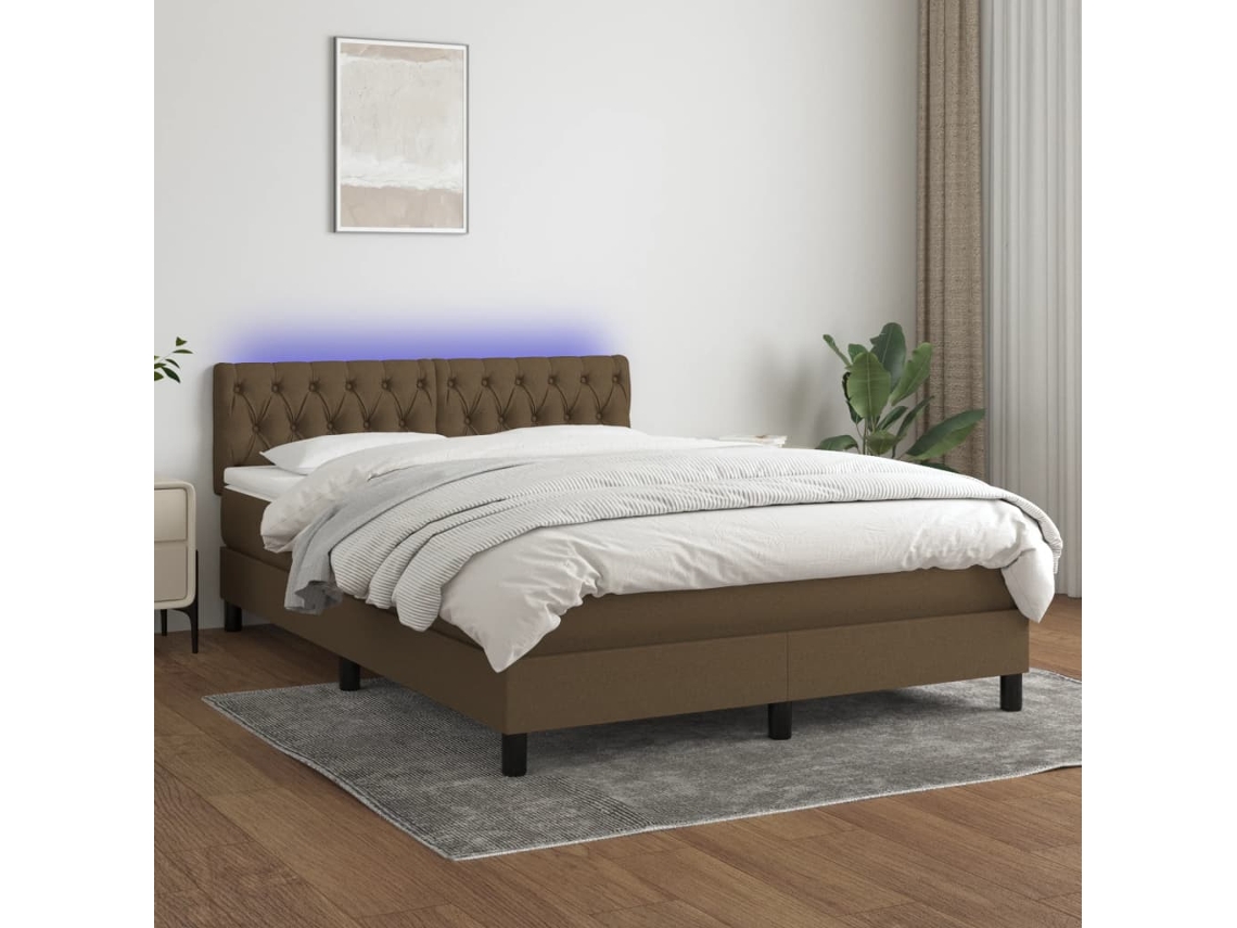 Cama Box Spring Colchón Luces Led Tela Marrón Oscuro 140x190 Cm