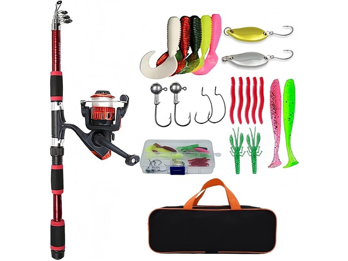 Juego De Caña Pescar, Kit Completo Con Telescópica Y Carrete Giratorio, Anzuelos Para Cebo, Viaje, Pescar (...