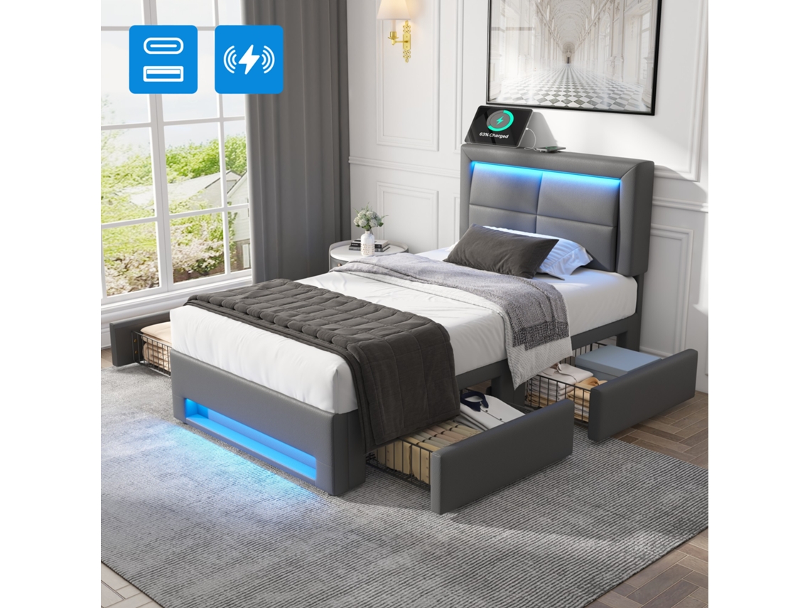 Cama Tapizada De 90x200 Cm Con Usb (carga Por Cable E Inalámbrica), Iluminación Led, 4 Cajones, Piel Sintética Gris, Colchón No Incluido.