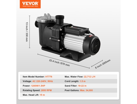 VEVOR Bomba para piscina sobre el suelo Velocidad única 1,5 HP 100 GPM 2850 RPM UL