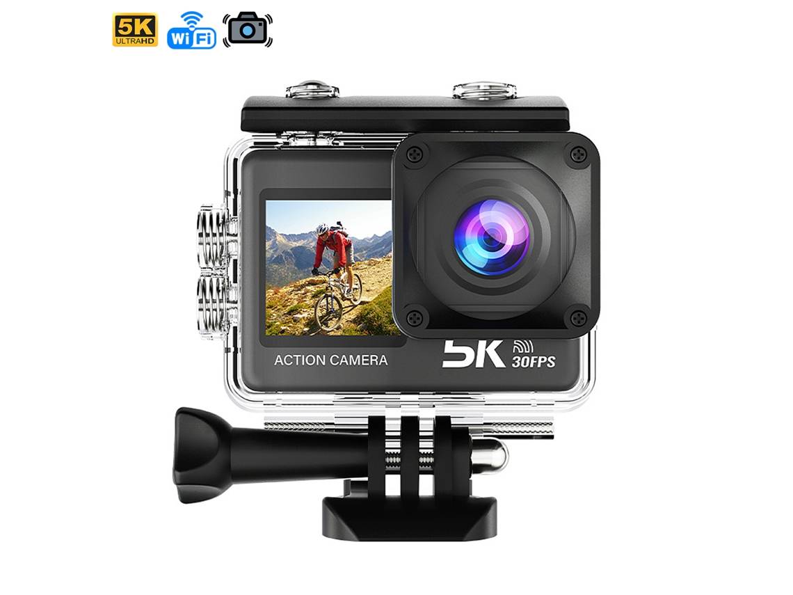 Cámara deportiva M60 TR 5K 30fps con 47.5 MP, pantalla dual de 2'' y 1.3'', estabilizador de imagen, varios accesorios y Wi-Fi.