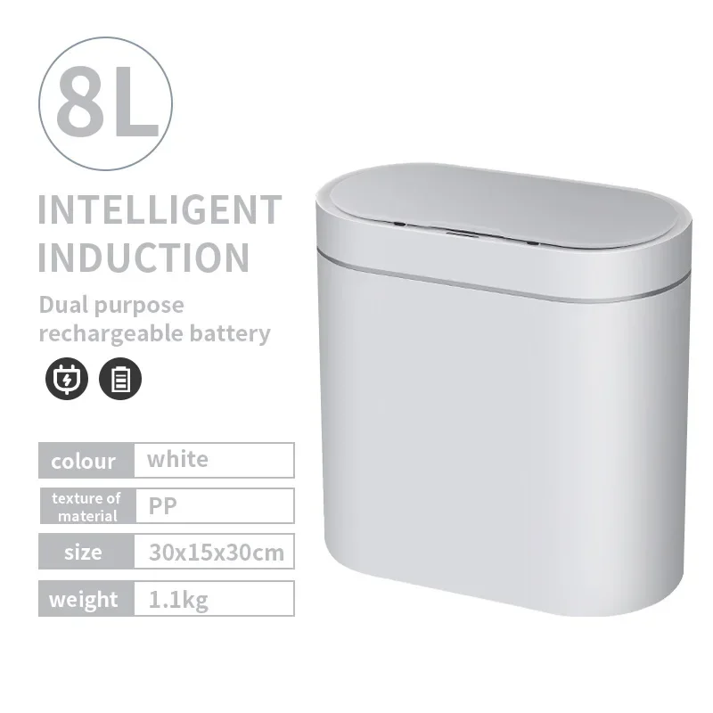 Basurero Inteligente Con Sensor (blanco, 8 L, Recargable), Automático, Táctil Y Eléctrico.