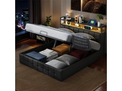 Cama Doble 140 X 200 Cm, Cama Tapizada Con Led, Usb Tipo C Y Espacio De Almacenamiento Para Adolescentes Y Adultos, Negro Pu, Sin Colchón