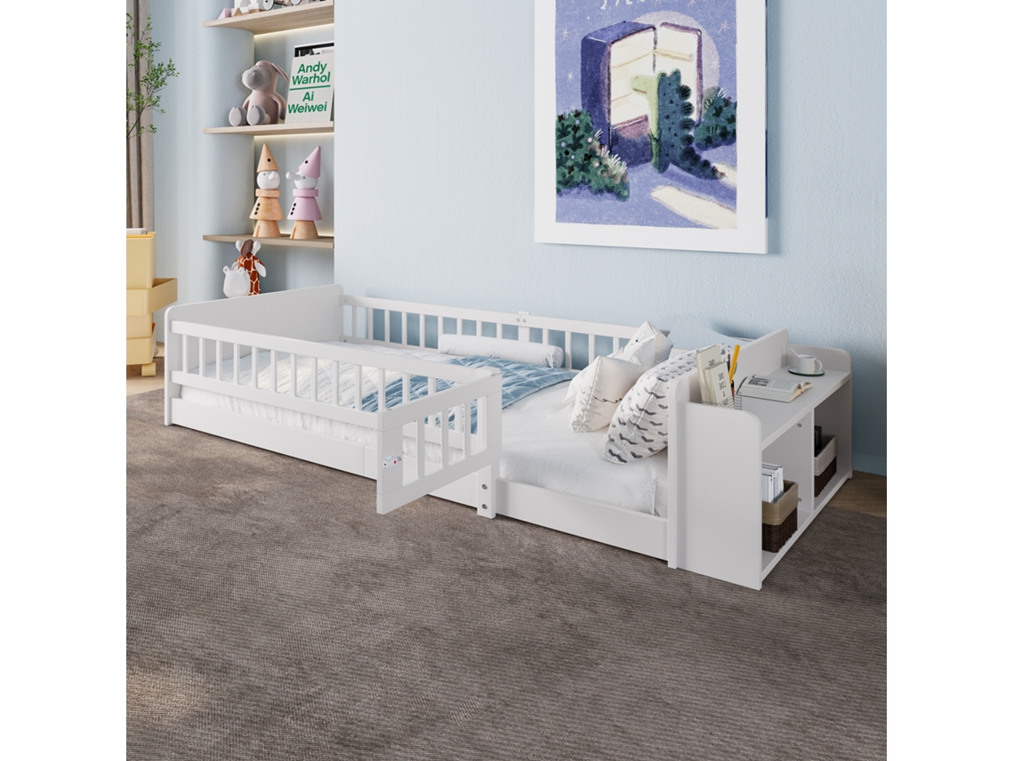 Cama Infantil De Pino De 90x200 Cm Con Estantes Y Almacenamiento Abierto.