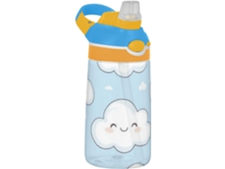 Botella de agua deportiva con asa y tapa, estampado de nubes azules, sin marca.