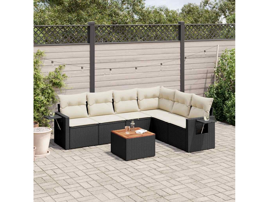 Conjunto de sofá de jardín de 7 piezas con cojines de mimbre negro de DKD Home Decor