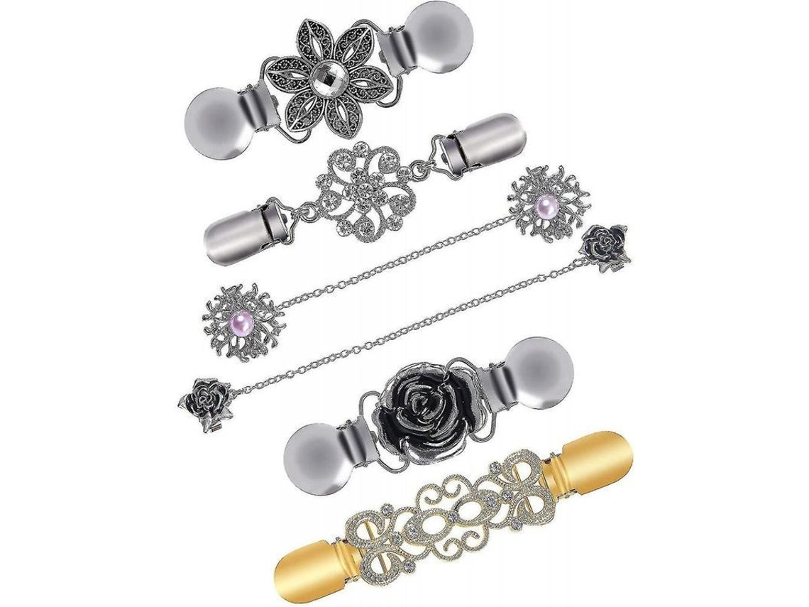 2026-6pcs Clip Para Vestidos Y Cardigan Retro, Pinza De Cuello Con Piedras Y Perlas
