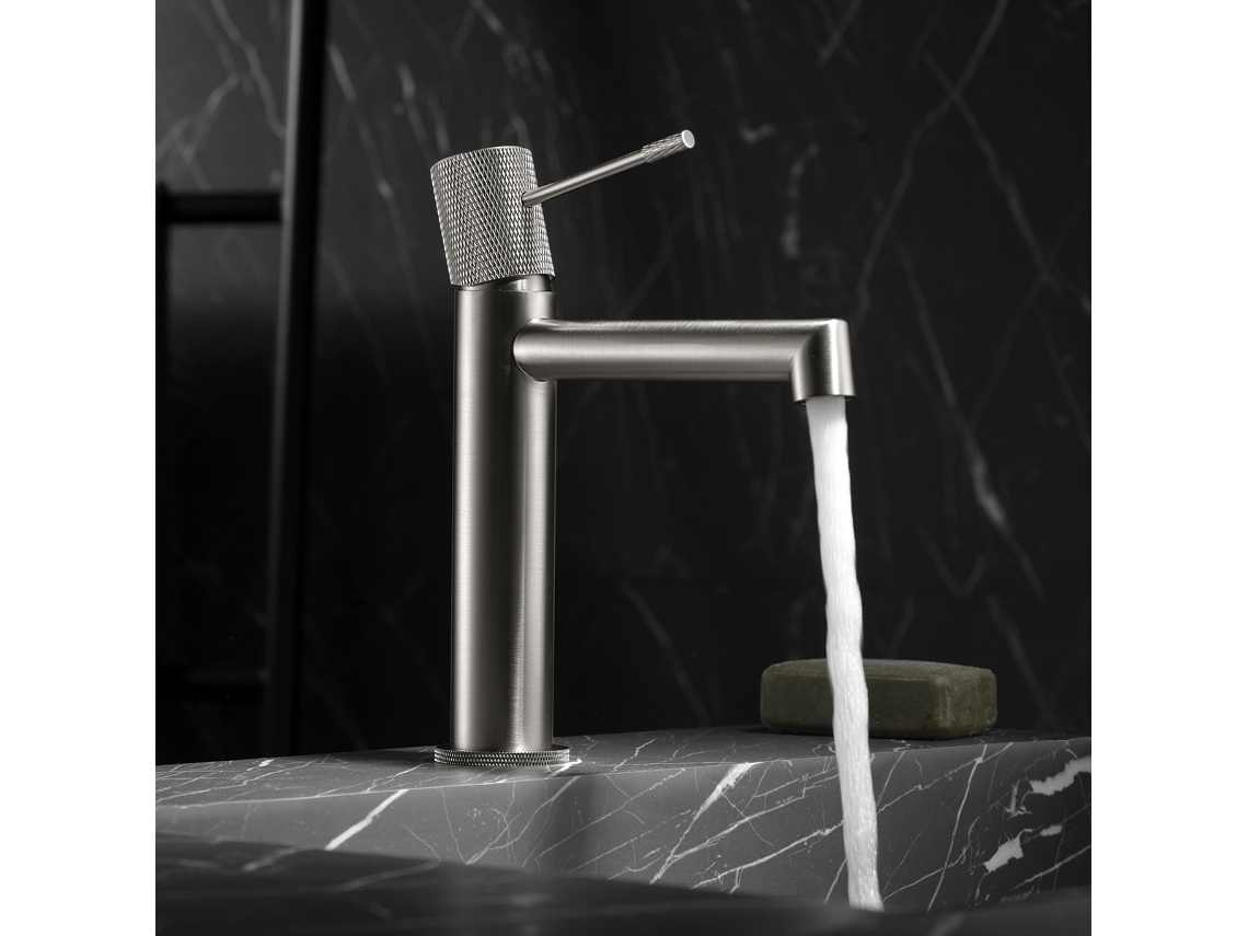 Grifo monomando para lavabo en latón con acabado níquel cepillado, cartucho cerámico Ø26 mm, altura 200 mm Imex